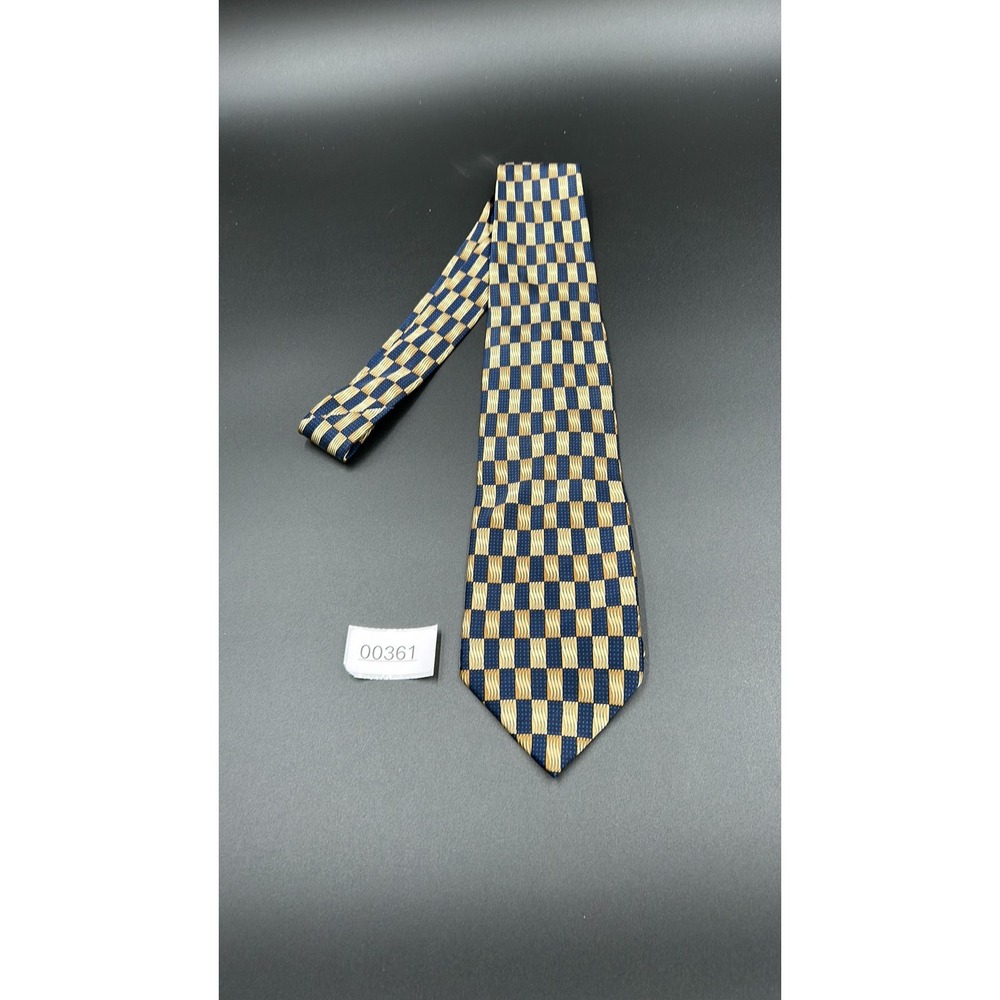 Valerio Garati Handmade Pure Silk Geometric Checkerboard Navy Gold Mens Necktie